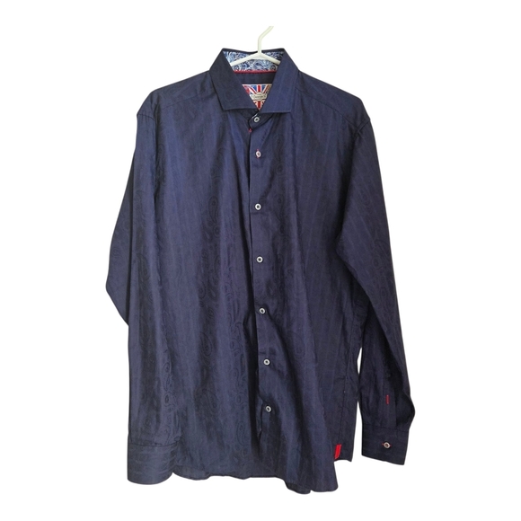 7 Downie St Dark Blue Button-Down Shirt With Subtle Paisley Pattern Size L - Picture 1 of 9